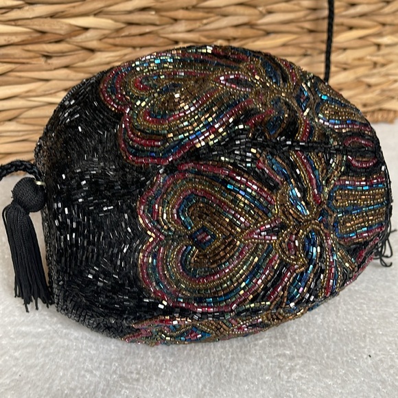 Glass Metallic STUNNING Multi Beaded Barrel Evening Bag Shoulder Black Tassel - Picture 7 of 7